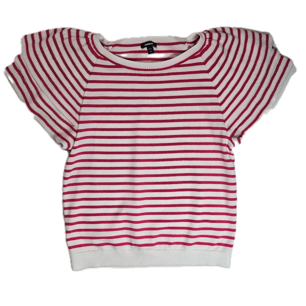 Express Sweater Womens XS White Pink Striped Short Sleeve Dolman Banded Hem Knit